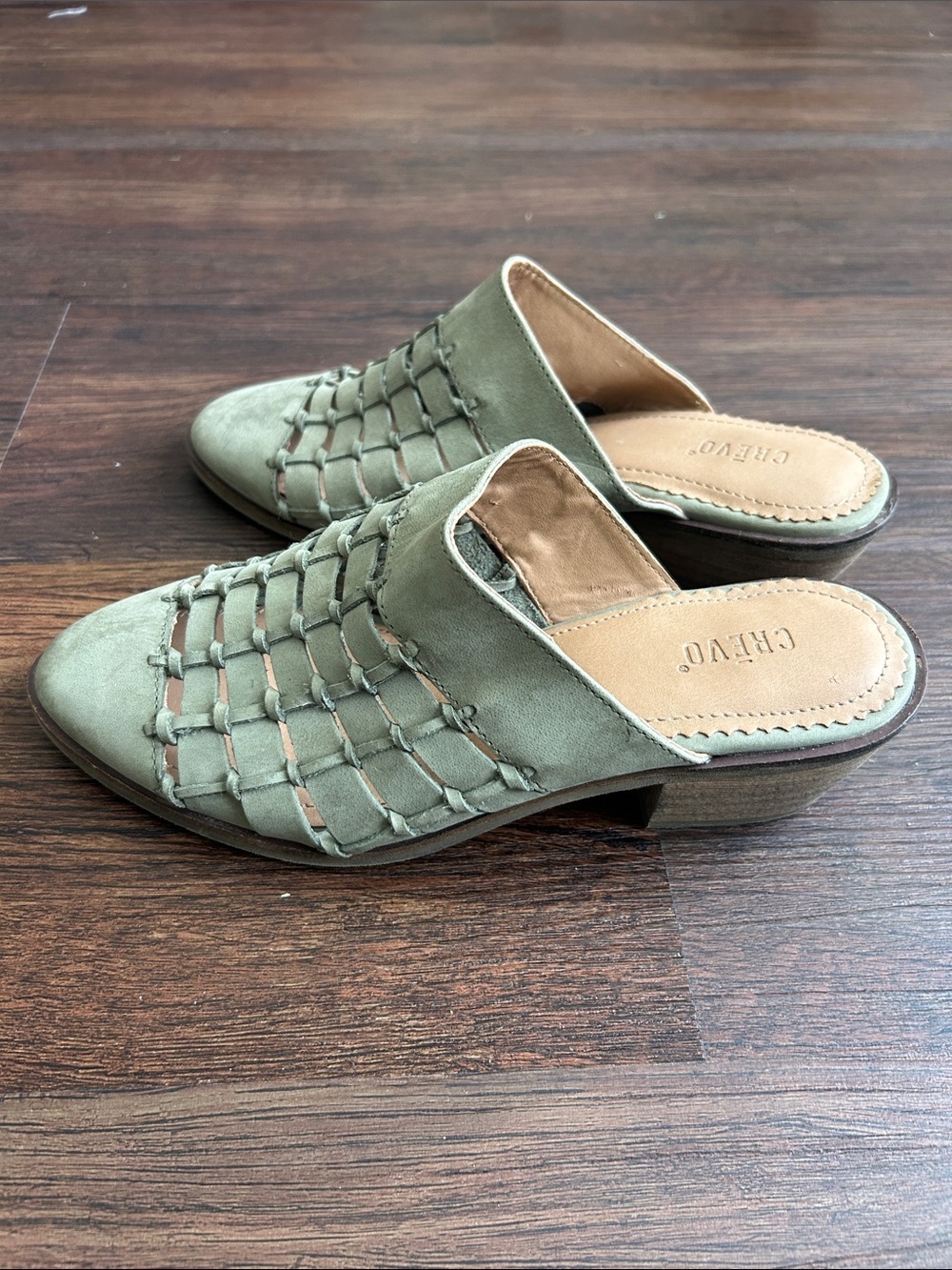 Crevo Luella woven leather mule sandals-sage green, size 8